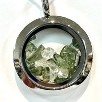 Thumbnail for Round silver locket with clear and green crystals from Moldavite and Phenacite Locket Pendant