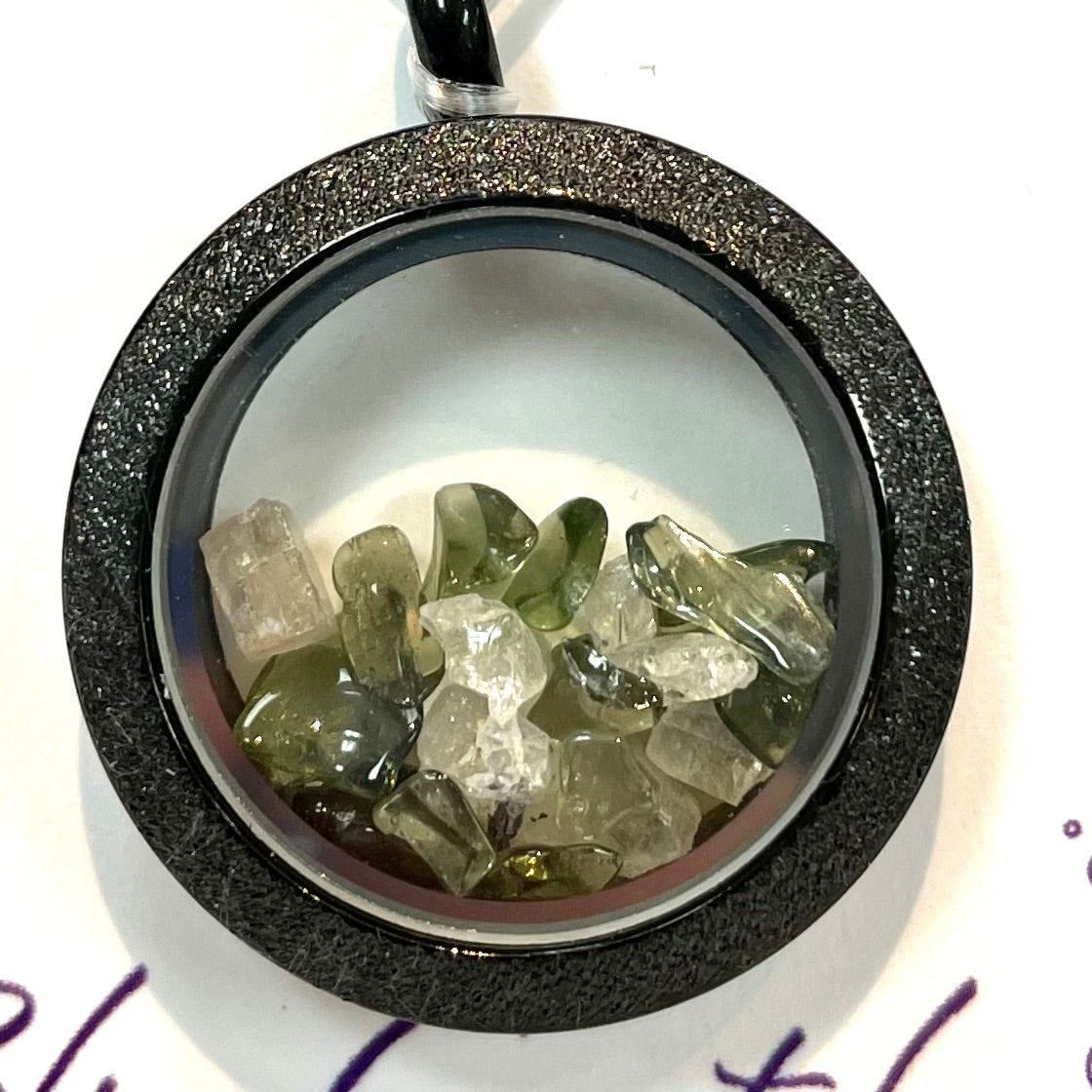 SALE Moldavite and Phenacite Locket Pendant Necklace showcasing green and clear crystals