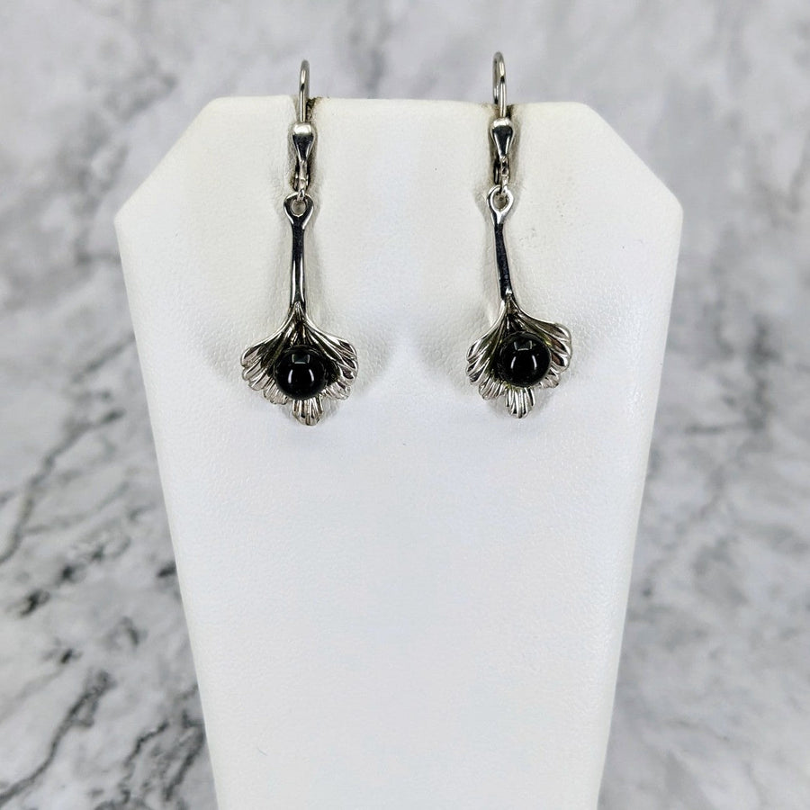 Silver dangle leaf earrings with black stones in Art Nouveau shell design, SALE #J929