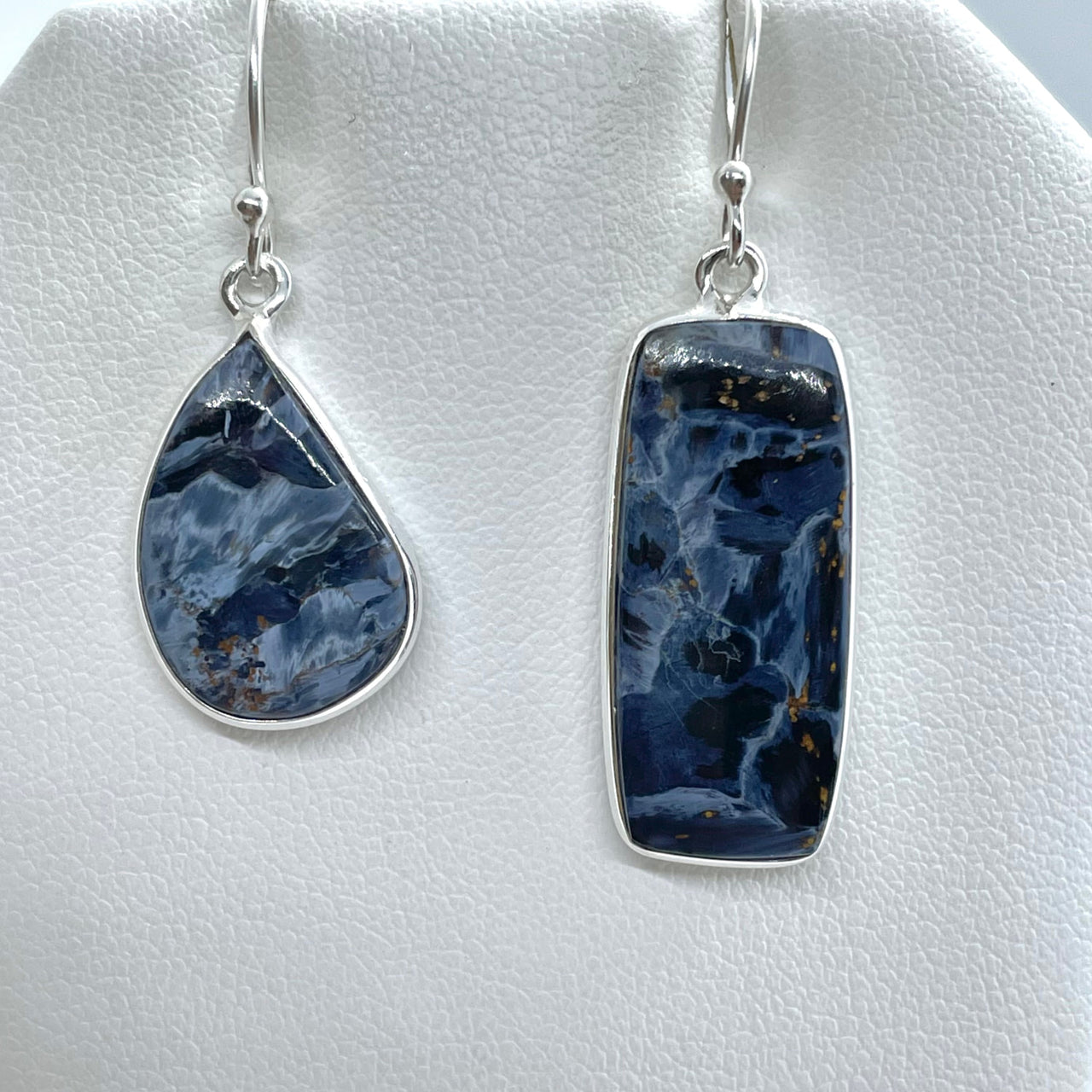 Mismatched Pietersite Sterling Silver Earrings feature blue-marbled gemstones on sale