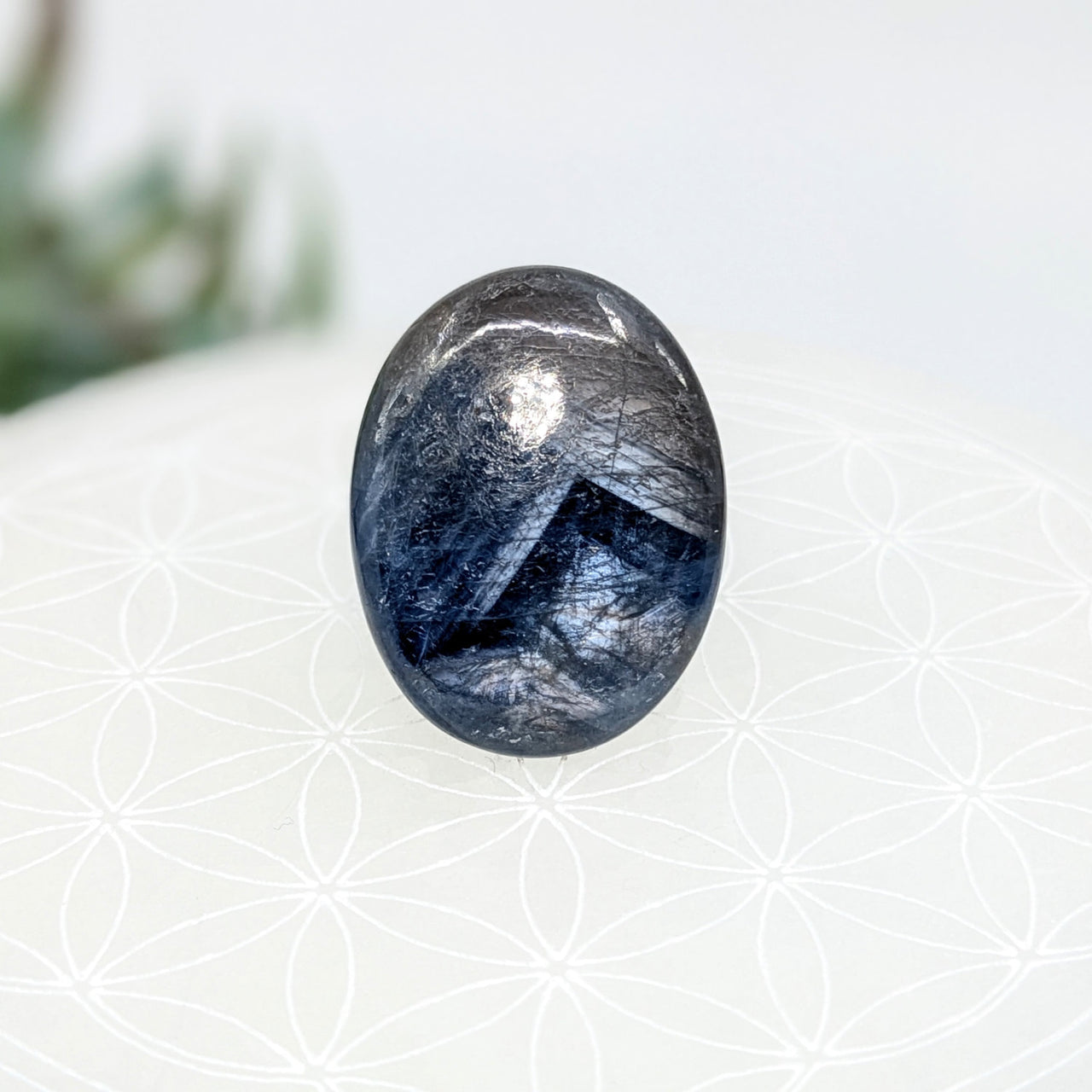 Polished oval sapphire palm stone with silvery-blue chatoyancy, 1’’ Palm Stone #LV7080