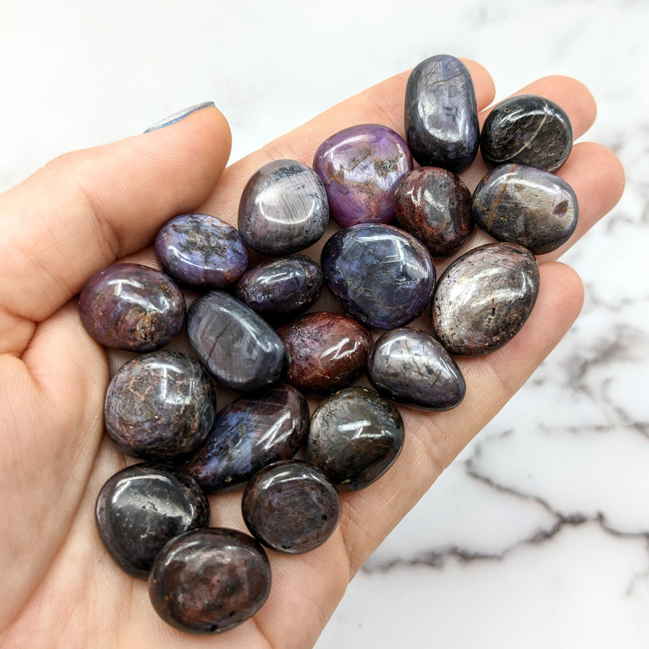 Hand holding tumbled stones - Sapphire Grade A .65-1’ amethyst #LV1427