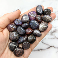 Thumbnail for Hand holding tumbled stones - Sapphire Grade A .65-1’ amethyst #LV1427