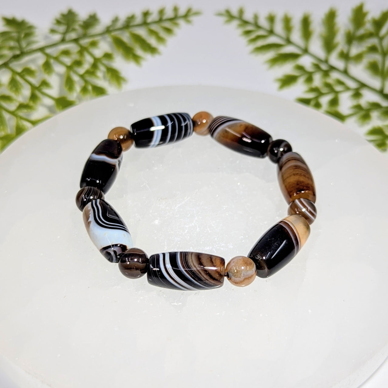 Sardonyx bracelet with black white brown agate striped beads 7 inch #BC1012