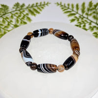 Sardonyx bracelet with black white brown agate striped beads 7 inch #BC1012