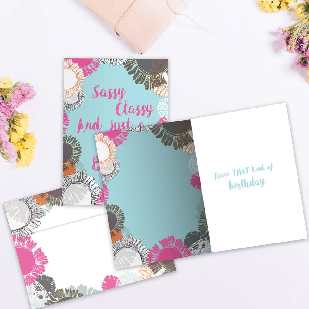 Sassy classy and just turquoise greeting card with pink gray floral border