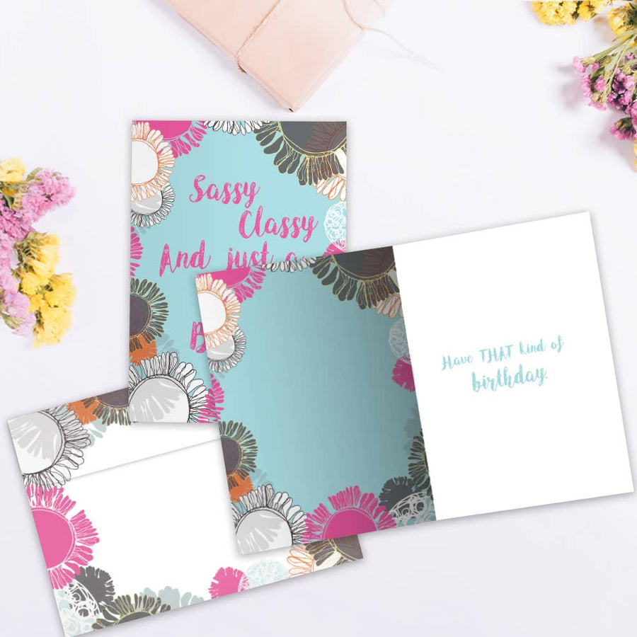 Sassy classy and just turquoise greeting card with pink gray floral border