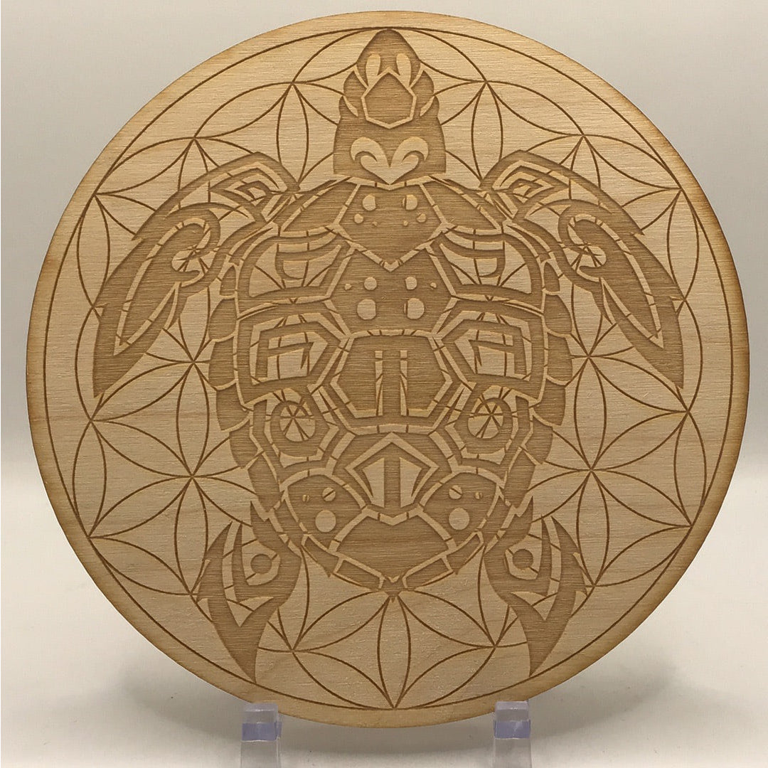 Sea Turtle Flower Of Life Etched Wood Grid 6’ SK2220 on a wooden plate