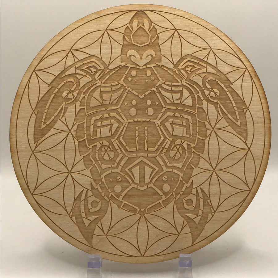 Sea Turtle Flower Of Life Etched Wood Grid 6’ SK2220 on a wooden plate