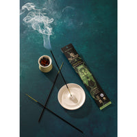 Sea Witch Botanicals Green Fairy incense sticks with gold tips in white holder