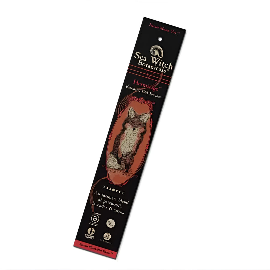 Sea Witch Botanicals Hermitage essential oil incense stick with fox illustration in black and orange pack