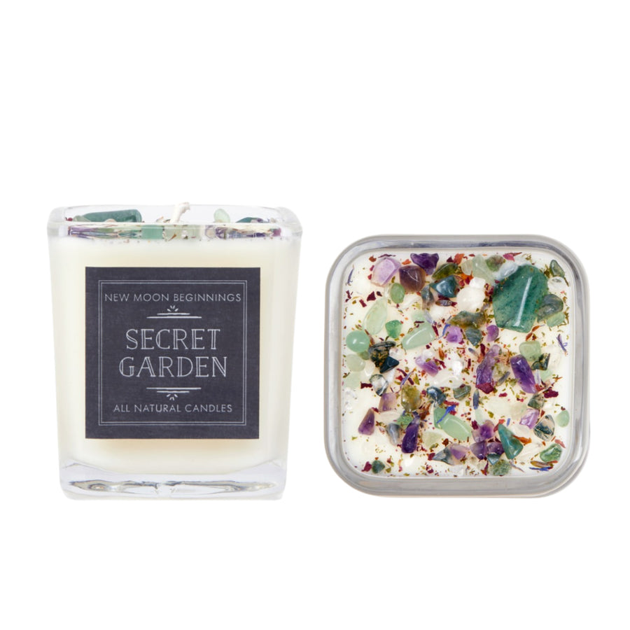 Two square soy crystal candles with embedded crystals in glass jars for relaxation