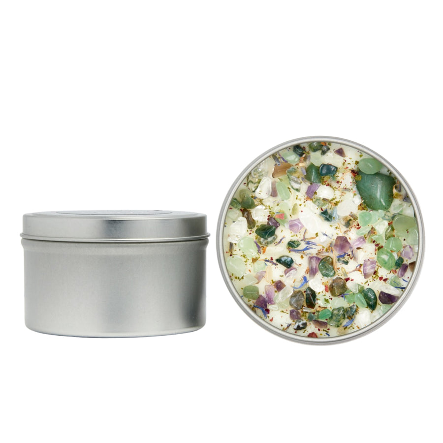 Silver tin containers with colorful stones for Secret Garden Ritual Candle Soy Crystal Jar