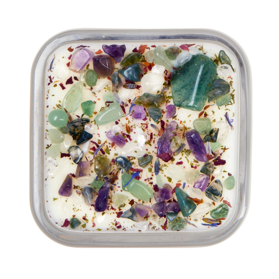 Square soy crystal candle with embedded crystals in a glass jar for Rituals and relaxation
