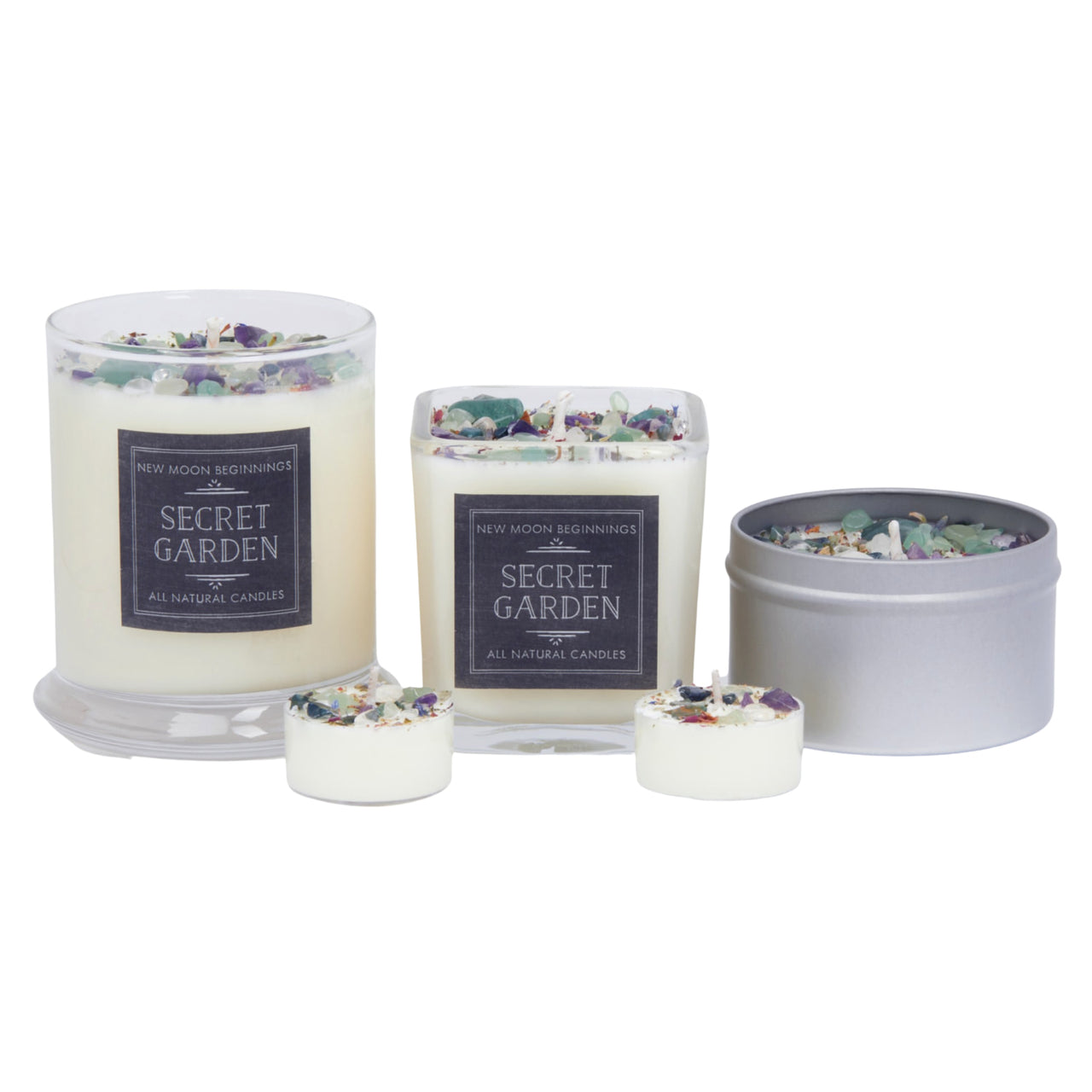 Secret Garden Ritual Candle Soy Crystal Candle 7.5 Glass Jar with embedded crystals