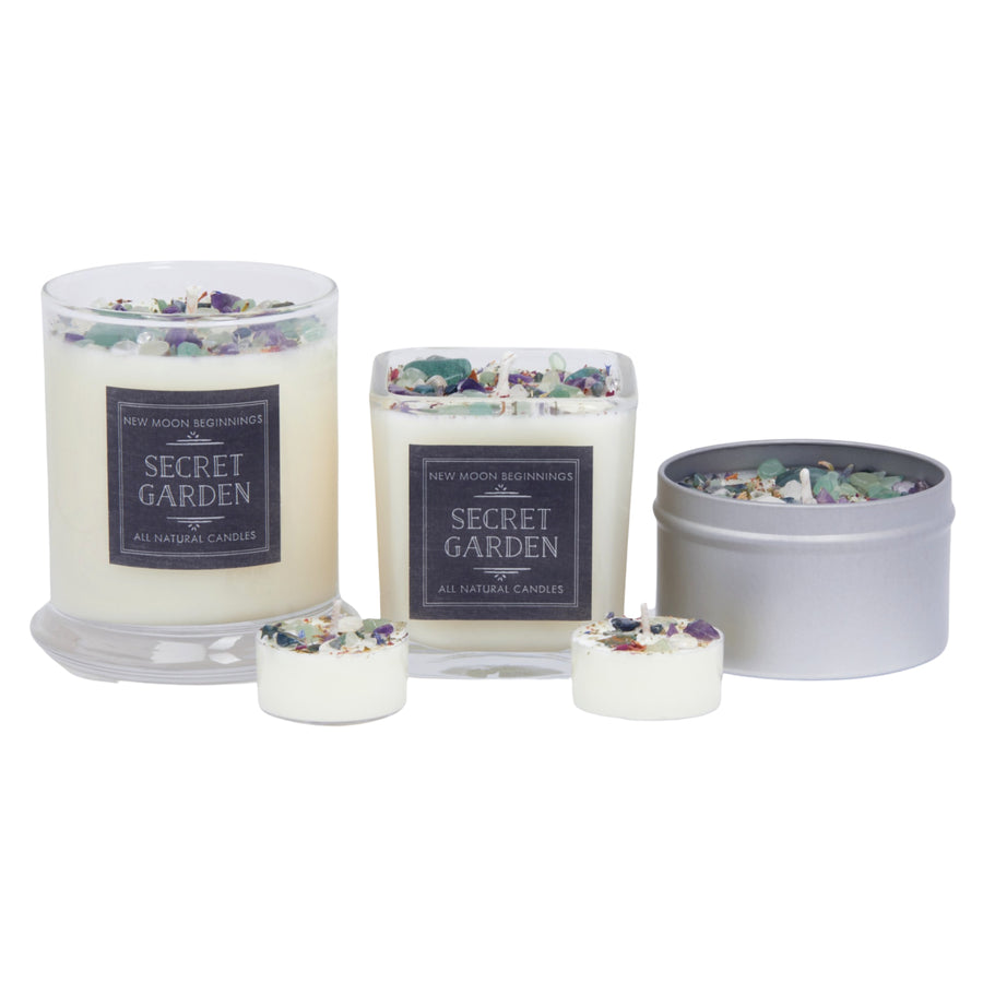 Secret Garden Ritual Candle Soy Crystal Candle 7.5 Glass Jar with embedded crystals