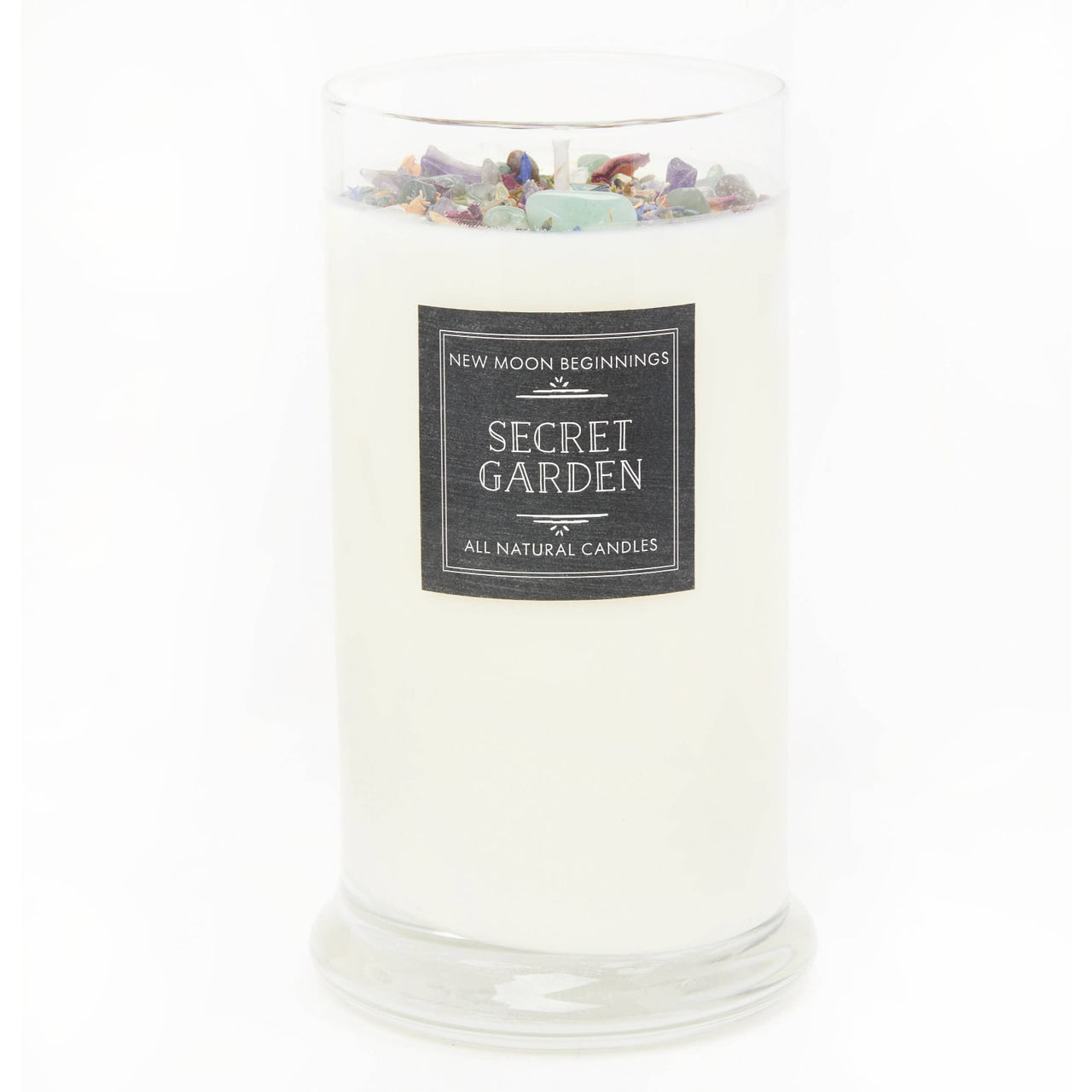 White soy crystal candle with embedded crystals in a glass jar for Ritual and meditation