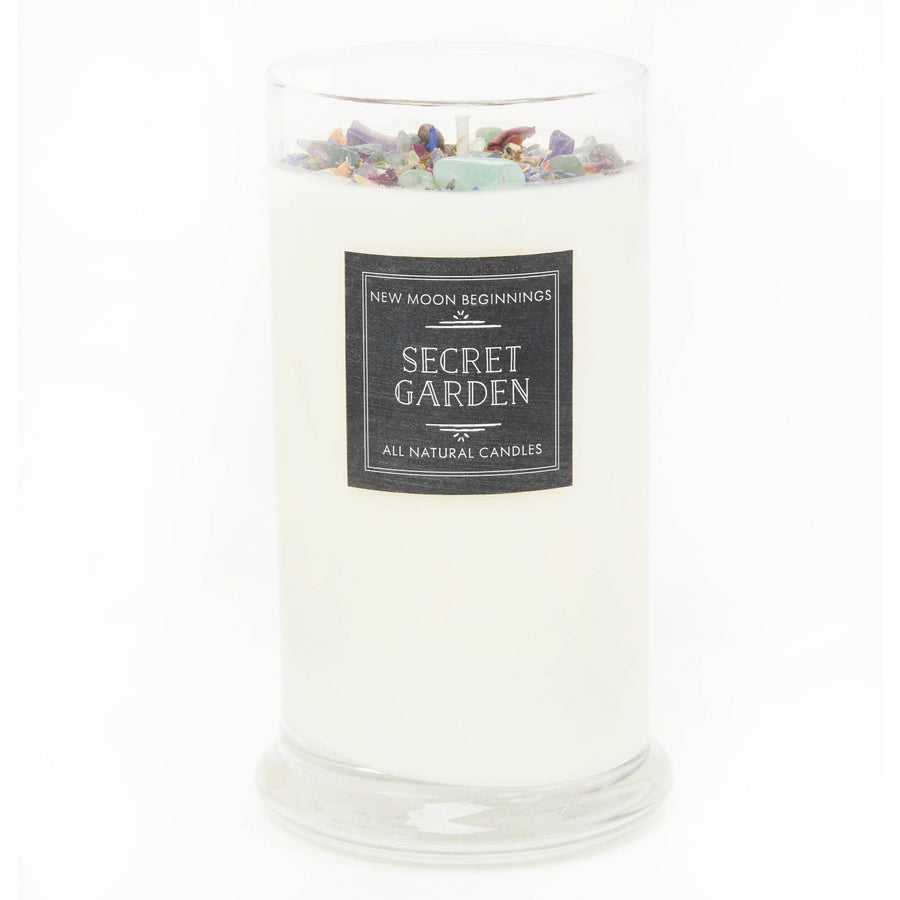 White soy crystal candle with embedded crystals in a glass jar for Ritual and meditation