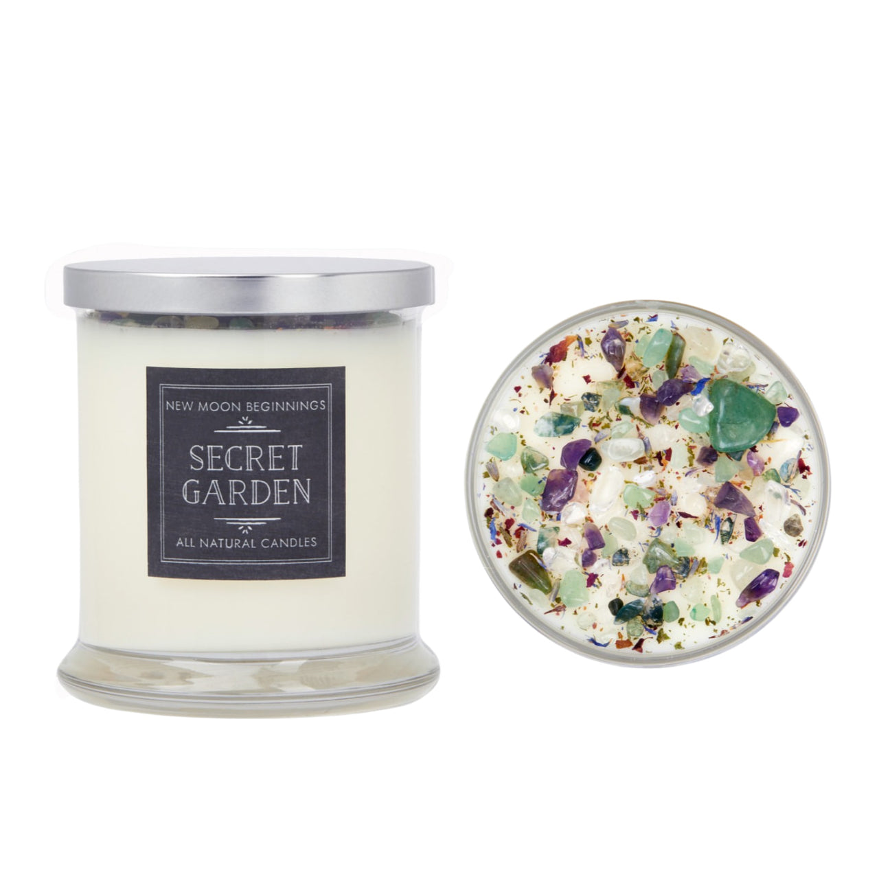 Secret Garden Ritual Candle Soy Crystal Candle in 7.5 Glass Jar with embedded crystals