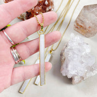 Delicate gold Selenite Bar 18-inch rectangular necklace with frosted stone inlay