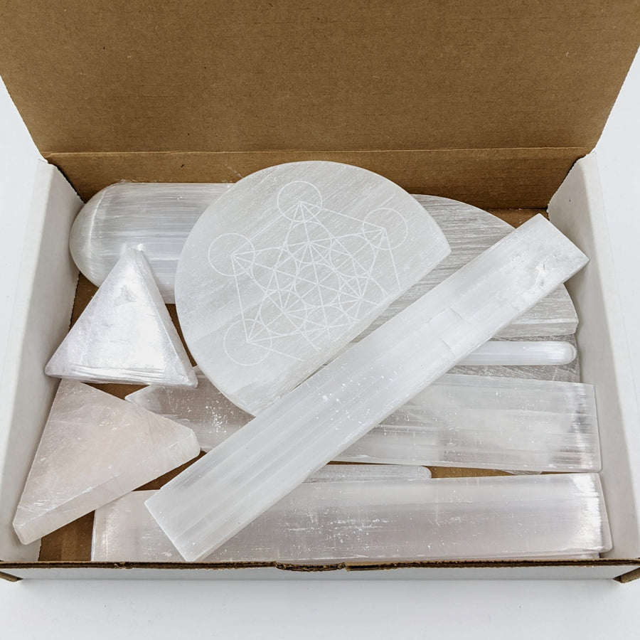 Translucent white selenite crystals in geometric shapes with sacred designs, 2lb treasure box