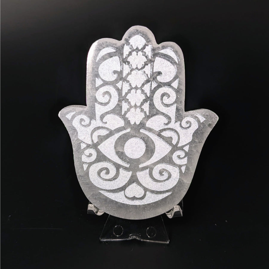 Selenite Etched Hamsa Plate with Patterned Metal Hammer - Selenite Etched Hamsa Plate #LV4129