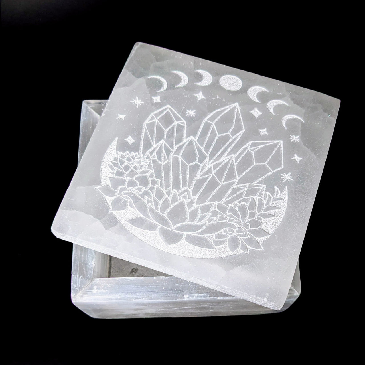 Selenite Etched 3.6’ Crystal Design Box #LV4125 - Clear Crystal with White Design