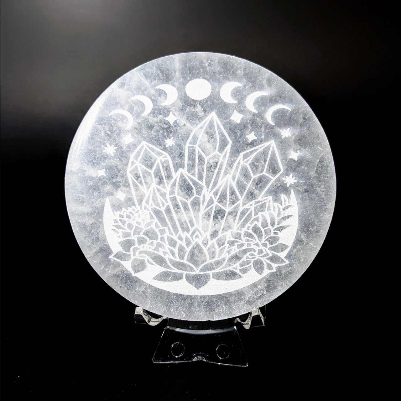 Selenite Etched 3’ Crystal Design Plate #LV4127 with White Moon Lamp and Flower Etching