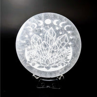 Thumbnail for Selenite Etched 3’ Crystal Design Plate #LV4127 with White Moon Lamp and Flower Etching