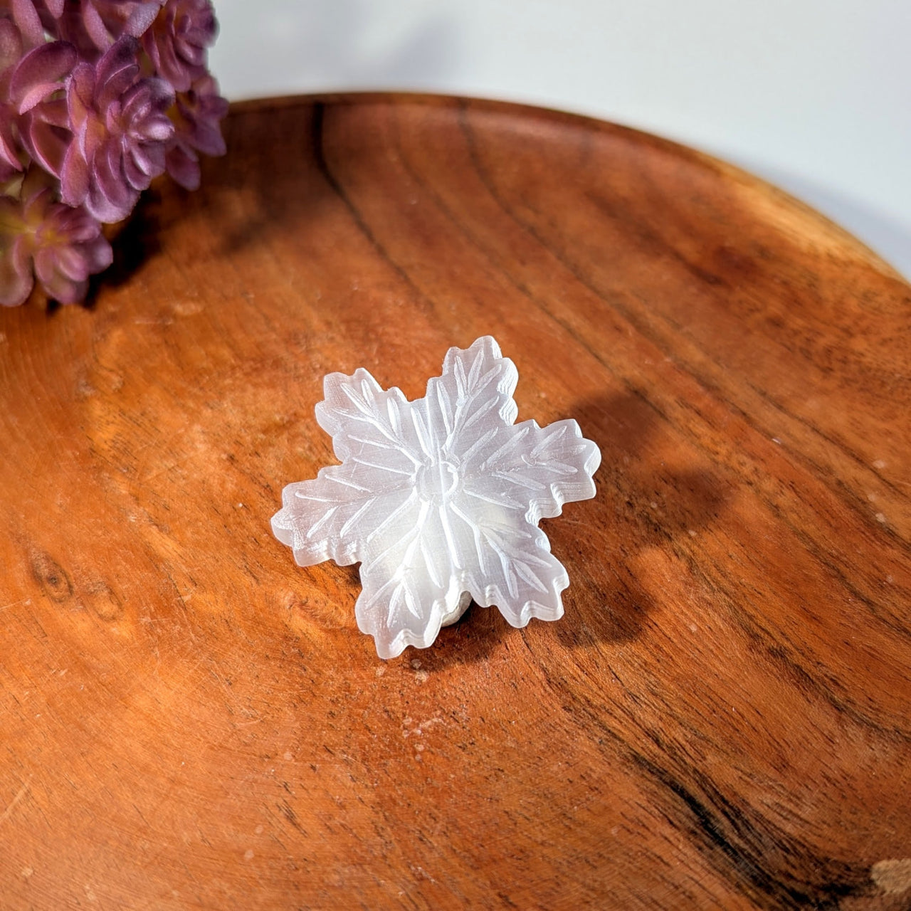 Selenite Flat 1.75’’ Small Snowflake Carving Pendant #BC0235