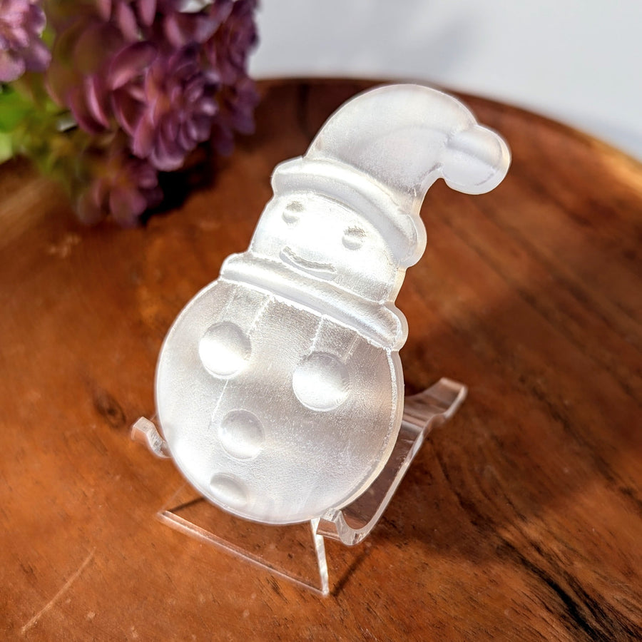 Selenite Flat 3’’ Frosted Glass Snowman Figurine with Smile #BC0232