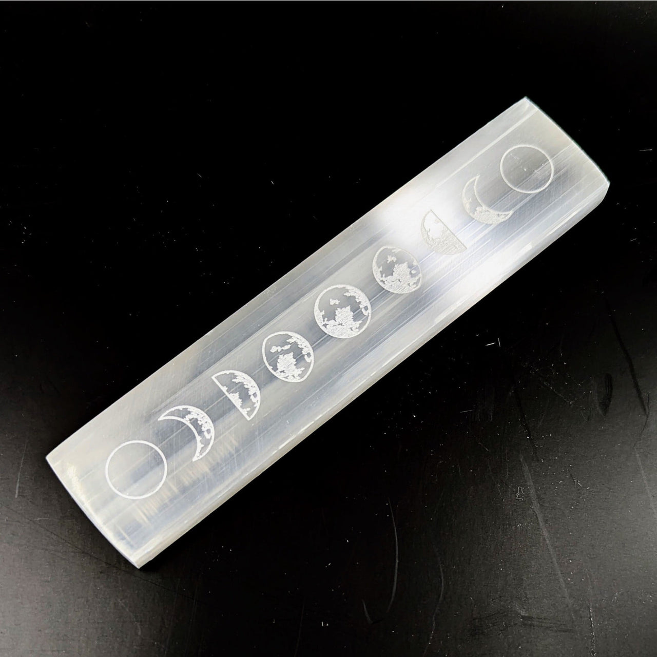 White translucent Selenite Flat Bar with engraved Moon Phases charging plate