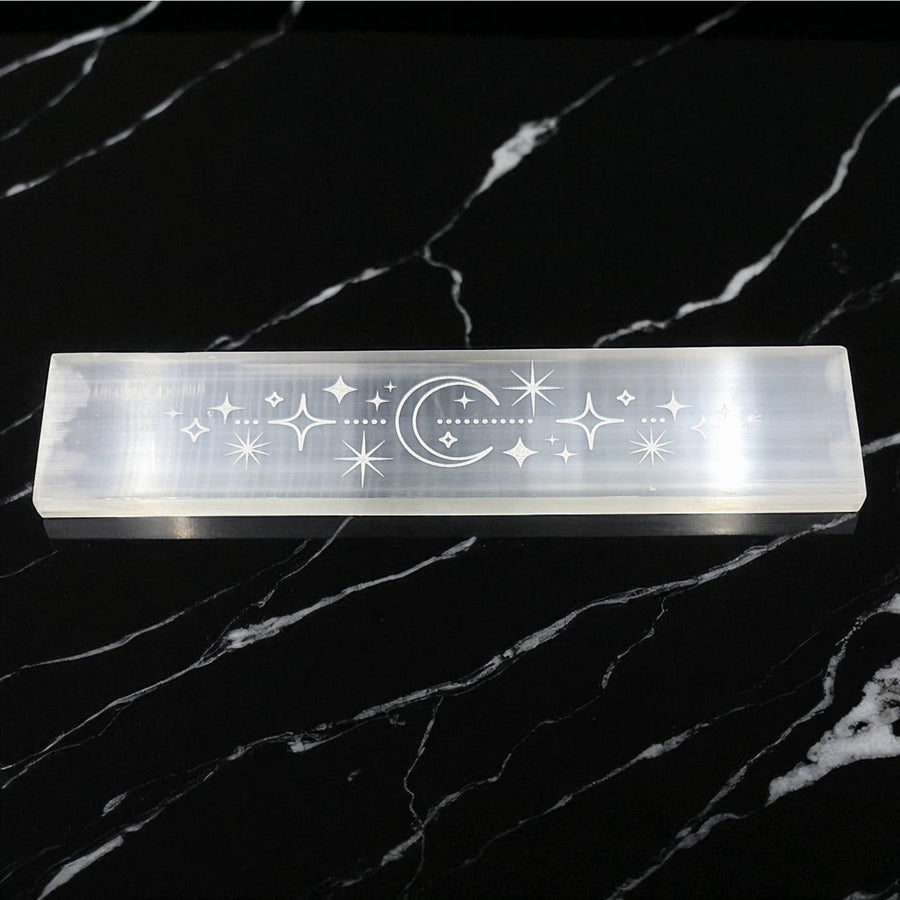 Selenite Flat Bar 7.5 inches with celestial moon and star etching
