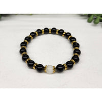 Selenite glossy black obsidian bracelet with gold beads, 8mm, 7.5 inches