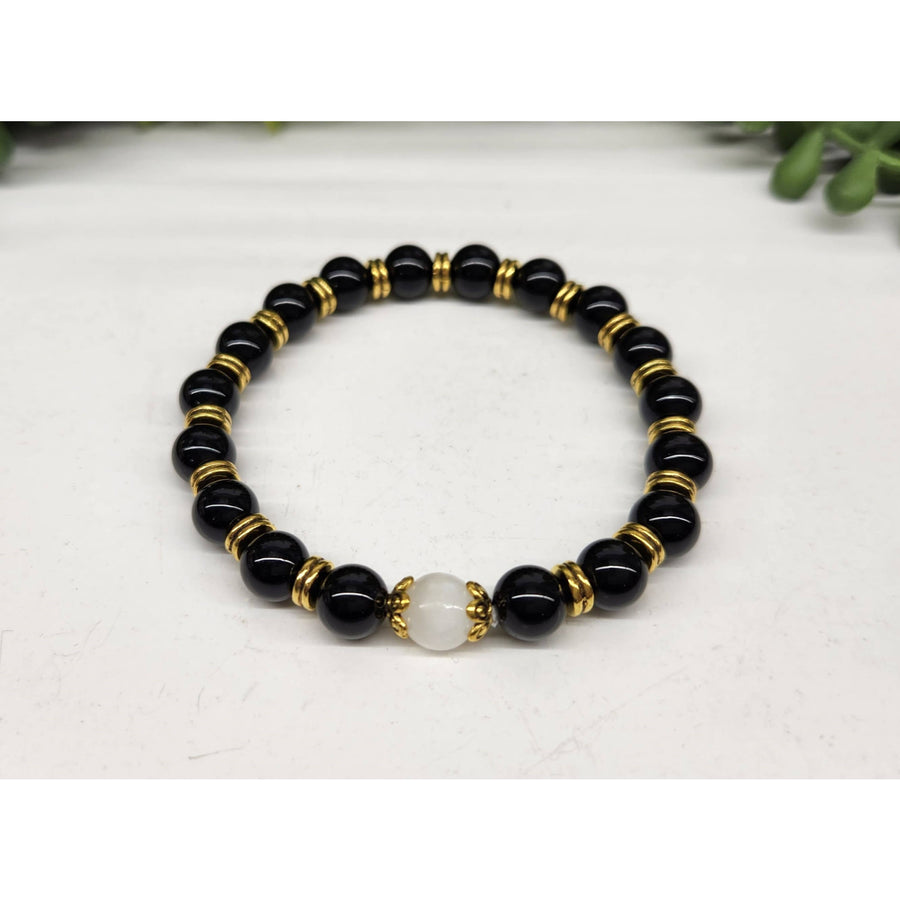 Selenite glossy black obsidian bracelet with gold beads, 8mm, 7.5 inches