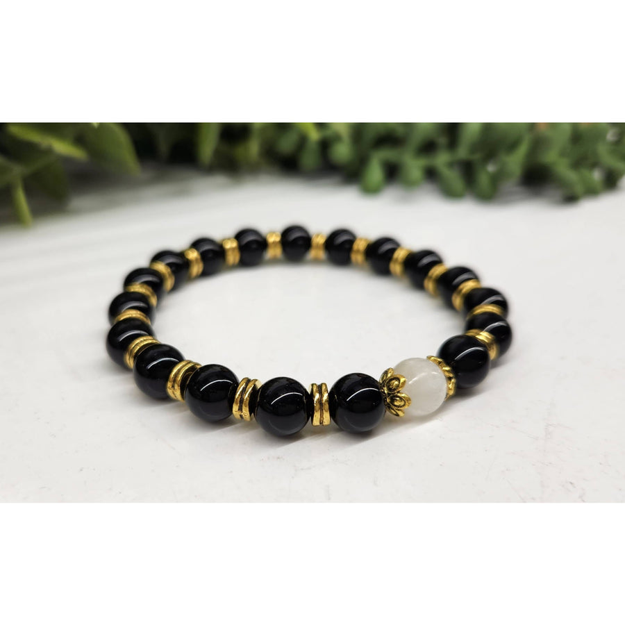 Black onyx gold beaded bracelet with white moonstone accent, 8mm 7.5in