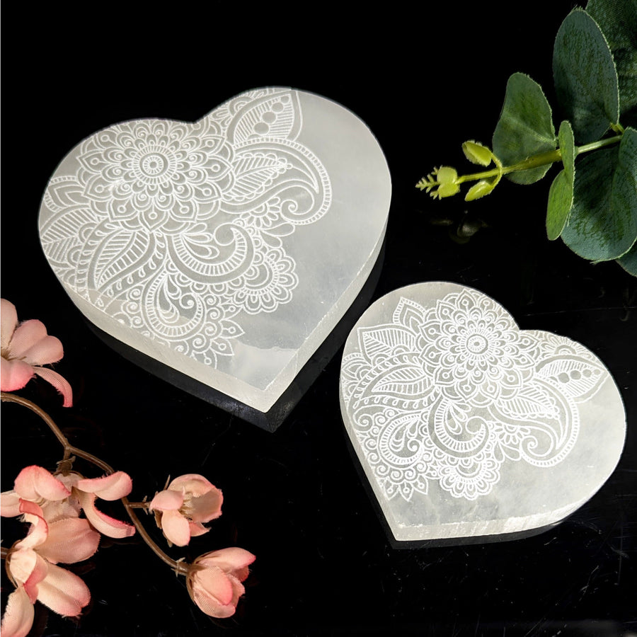 Selenite Heart Plate 3 - 4’’ w Floral Etching #LV9376 - $68