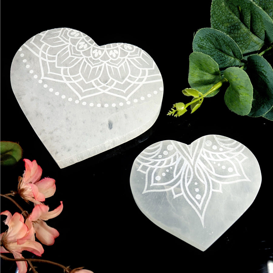 Selenite Heart Plate 3 - 4’’ w Lotus Etching #LV9362 - $68