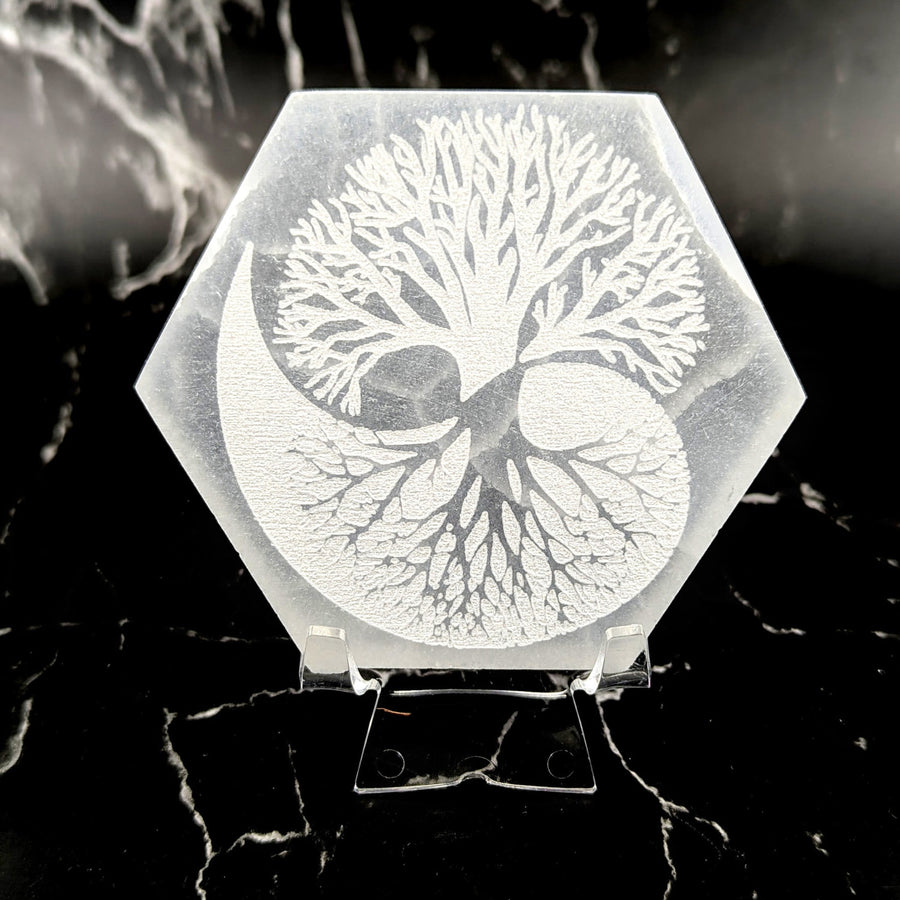 Translucent selenite hexagon plate 3.75in tree of life yin yang etching