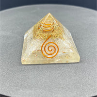 Selenite orgone pyramid Q174 with golden glitter and orange wire spirals