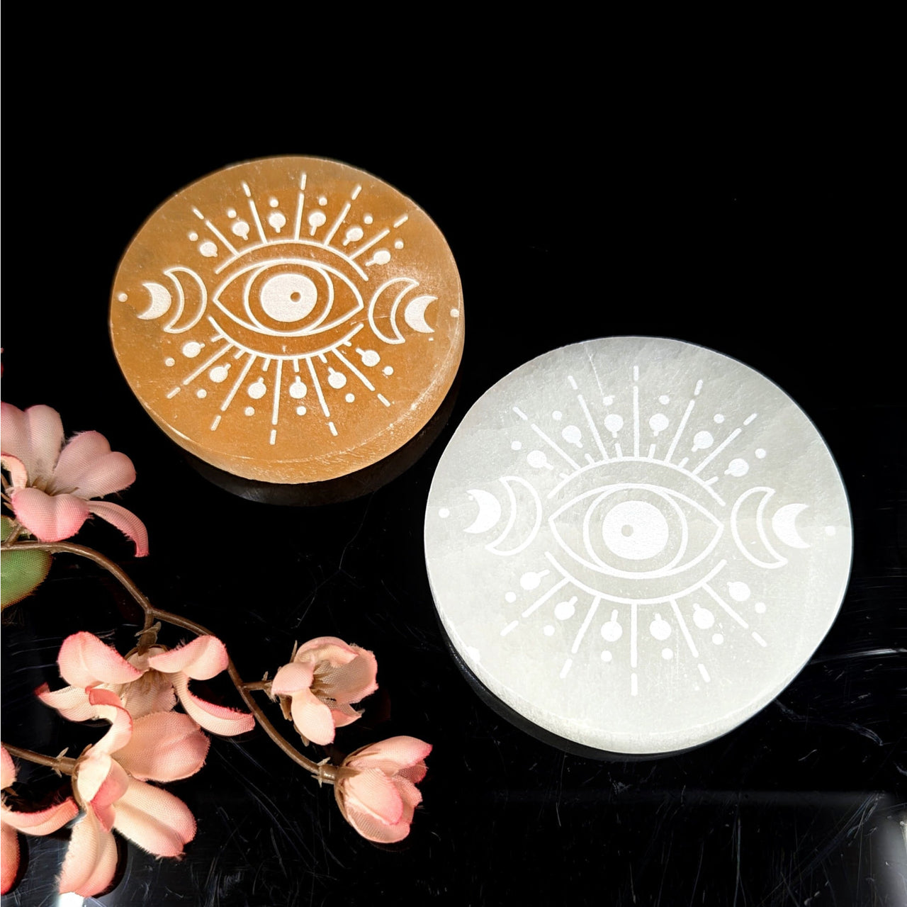Selenite Plate 2.6 - 3’’ w Evil Eye Etching #LV9379 - $45