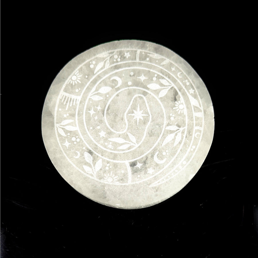Selenite Plate 3’’ w Serpent Etching #LV9340 - $45