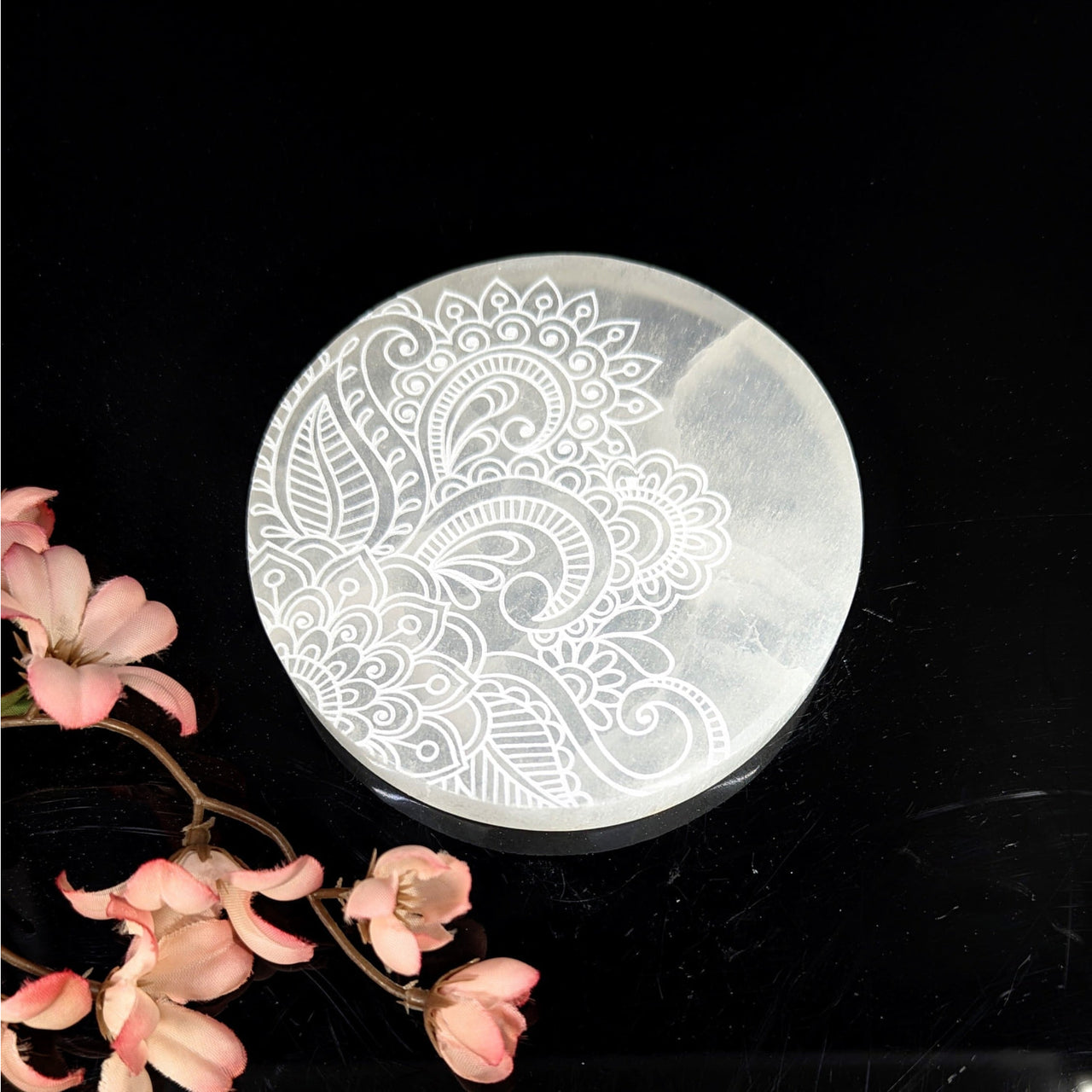 Selenite Plate 4’’ w Floral Etching #LV9377 - $68