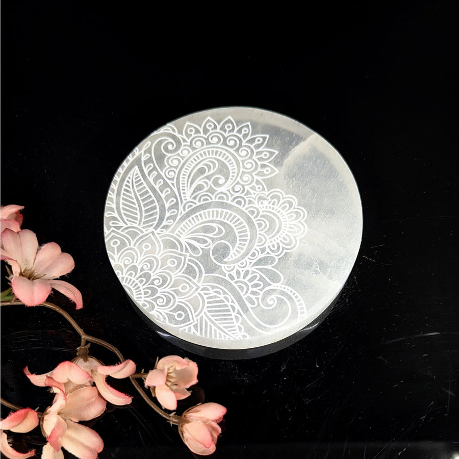 Selenite Plate 4’’ w Floral Etching #LV9377 - $68