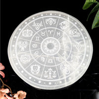 White Selenite Plate with engraved Zodiac signs and symbols for crystal healing