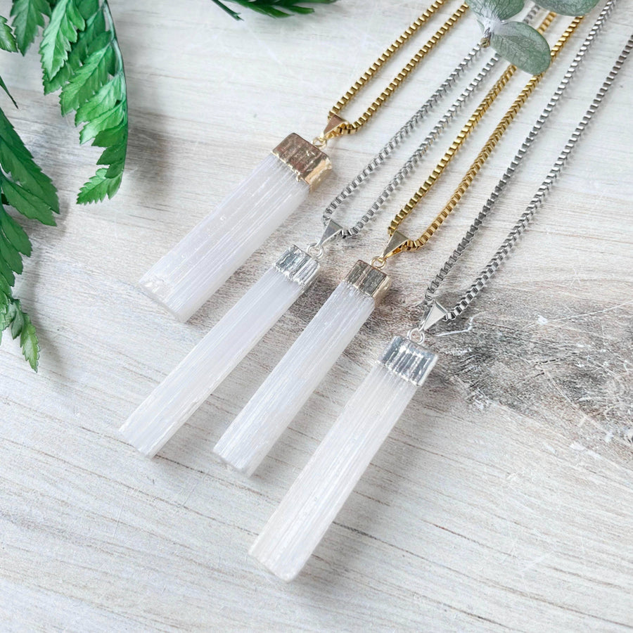 Translucent white selenite raw bar pendant necklace LV9192