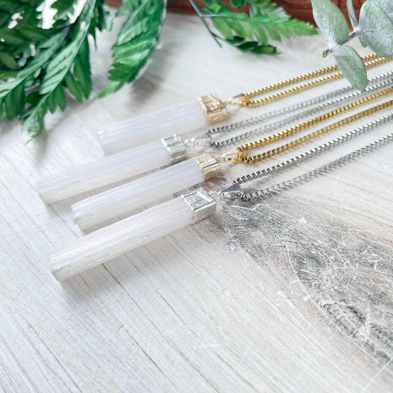 Selenite Raw Bar Pendant Necklace #LV9192 with Quartz Crystal