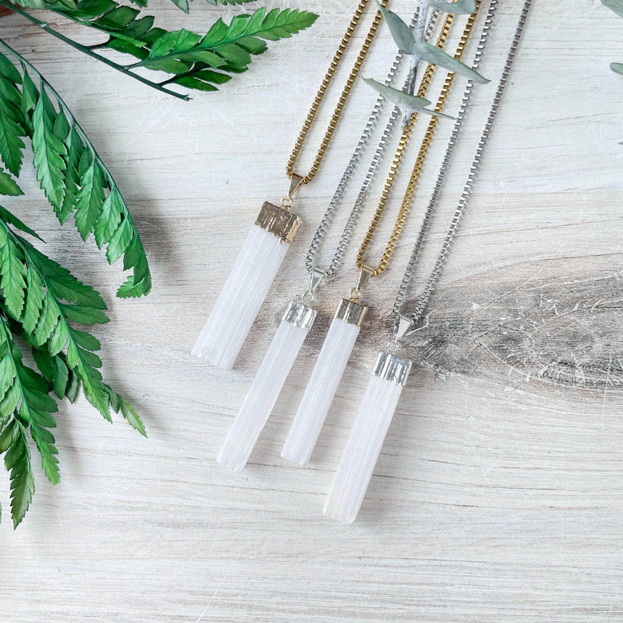 Three white quartz selenite raw bar pendant necklaces with gold, silver, rose gold chains