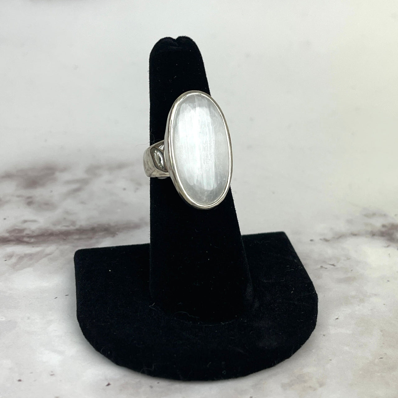 Silver moonstone selenite ring size 8 on black velvet stand #LV1330