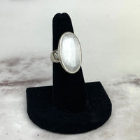 Silver moonstone selenite ring size 8 on black velvet stand #LV1330